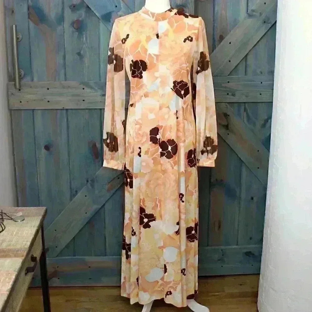 1970s Vintage Psychedelic Floral Maxi Dress Size Medium